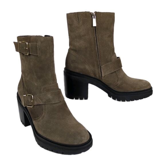 KENNETH COLE Rhode Heeled Boot Taupe Suede Leather Buckle Polar Grip Women's 10 - Picture 1 of 9
